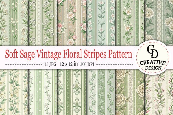 Download Soft Sage Vintage Floral Stripes Pattern - Pattern Collection