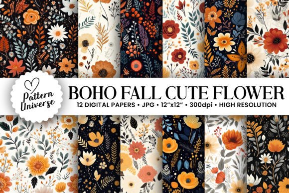 Download Boho Fall Cute Flowers Seamless Patterns - Pattern Collection