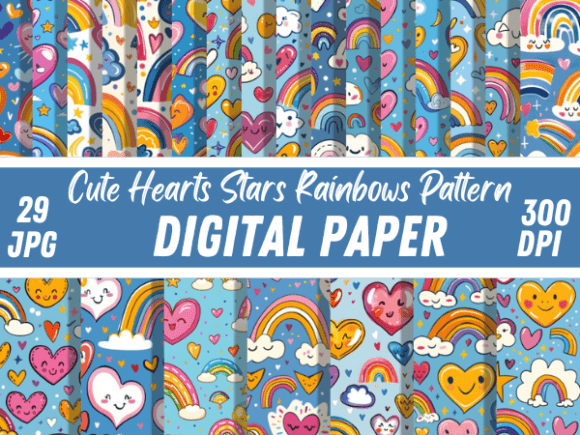 Download Cute Kawaii Hearts Stars Rainbow Pattern - Pattern Collection