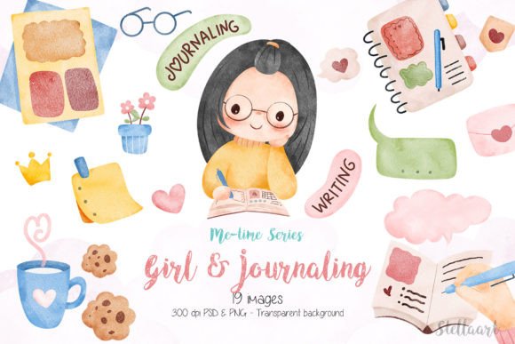 Download Girl and Journaling Watercolor Clipart - Journaling Collection