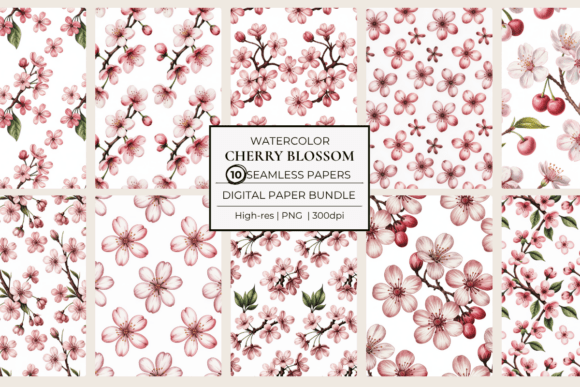 Download Cherry Blossom Watercolor Patterns - Pattern Collection