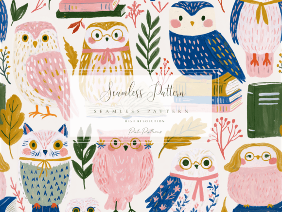 Download Whimsical Pink and Blue Owls Seamless Pattern PNG - Pattern Collection