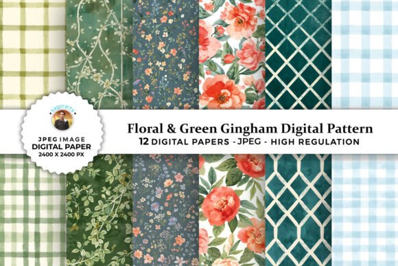 Download Floral &amp; Green Gingham Digital Patterns - Pattern Collection