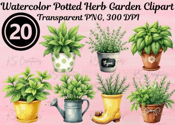 Download Watercolor Potted Herb Garden Clipart - Premium Resources